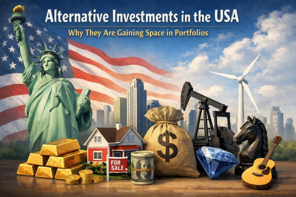 Conceptual illustration titled “Alternative Investments in the USA,” depicting a range of non-traditional asset classes. The Statue of Liberty stands prominently in the foreground with the American flag in the background, symbolizing the U.S. market. Surrounding elements include gold bars and coins, a residential house with a “For Sale” sign representing real estate, a sack of money and rolled banknotes symbolizing private capital, an oil pumpjack and a wind turbine illustrating energy and infrastructure investments, a large diamond representing collectibles or commodities, a chess knight symbolizing hedge fund strategies, and a guitar representing alternative tangible assets. A modern city skyline completes the scene, highlighting diversification beyond traditional stocks and bonds.