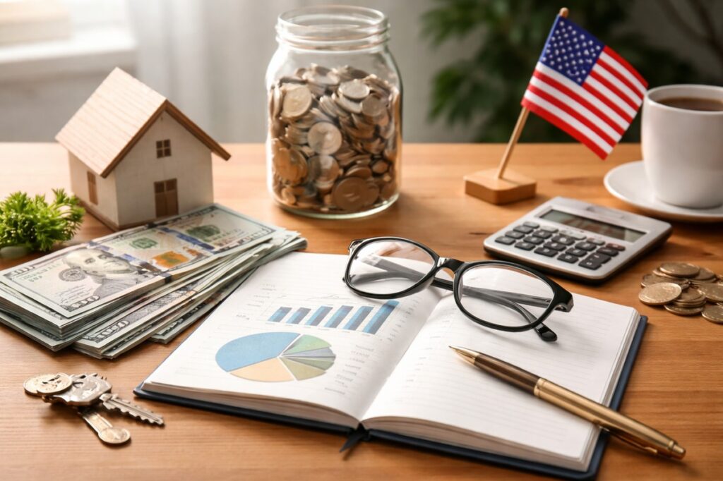Minimalist and realistic workspace representing financial education in the United States, featuring a wooden desk with an open notebook showing abstract investment visuals, eyeglasses, a pen, stacks of US dollar bills, a jar filled with coins, a small house model, a calculator, and a subtle American flag in the background, symbolizing informed investiments and long-term financial decision-making.