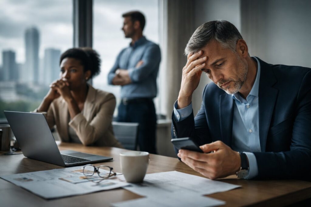 Concerned business professionals reviewing financial documents and a smartphone in a modern office, illustrating stress and decision-making related to investments during market uncertainty.